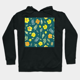 Yellow country floral on deep teal watercolour Hoodie